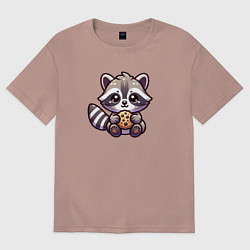 Футболка оверсайз женская Милый енотик с печенькой, цвет: пыльно-розовый