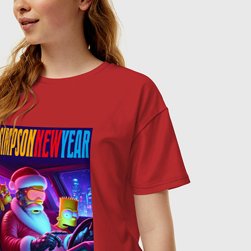 Женская футболка оверсайз Homer Simpson in the car with his son / Красный – фото 3