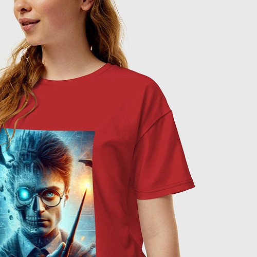 Женская футболка оверсайз Harry Potter - wizard with magic stick / Красный – фото 3