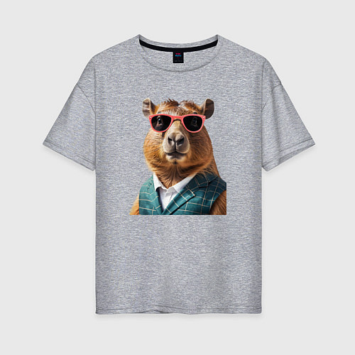 Женская футболка оверсайз Капибара в жилетке / Меланж – фото 1