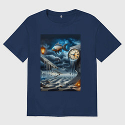 Футболка оверсайз женская Психоделический пейзаж с часами и рыбой, цвет: тёмно-синий