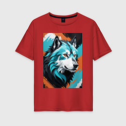 Футболка оверсайз женская Серо-голубой волк, цвет: красный