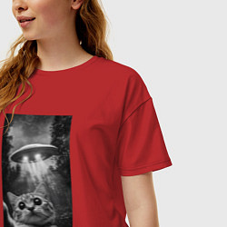 Футболка оверсайз женская Котейка и НЛО, цвет: красный — фото 2