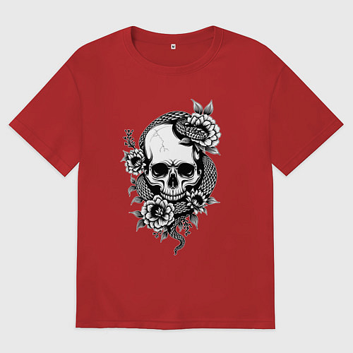 Женская футболка оверсайз Змея на черепе с цветами / Красный – фото 1