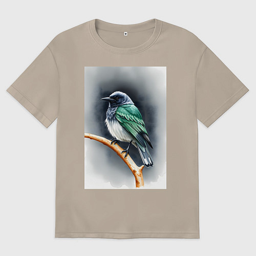 Женская футболка оверсайз Птичка на ветке / Миндальный – фото 1