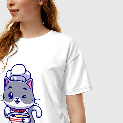 Женская футболка оверсайз Котик на кухне / Белый – фото 3