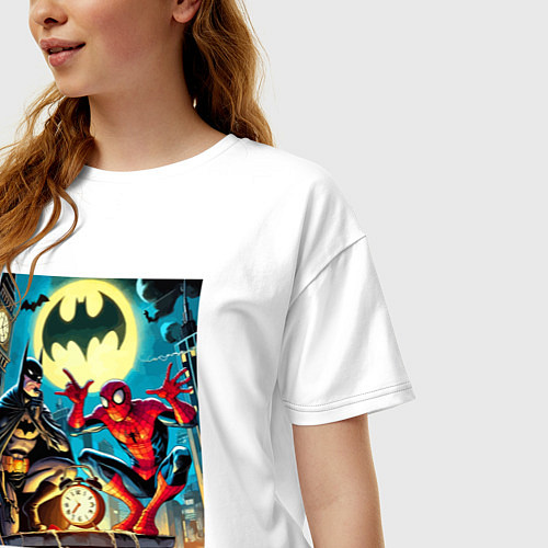 Женская футболка оверсайз Batman with Spider-man - ai art fantasy / Белый – фото 3