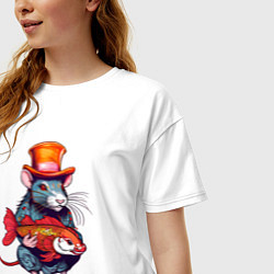 Футболка оверсайз женская Крыса с рыбой в японском стиле, цвет: белый — фото 2