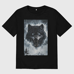 Футболка оверсайз женская Волк с оскаленной пастью, цвет: черный