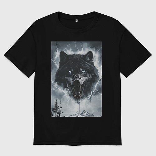 Женская футболка оверсайз Волк с оскаленной пастью / Черный – фото 1