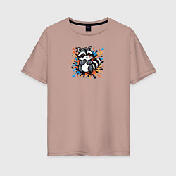 Футболка оверсайз женская Енот и разноцветные брызги, цвет: пыльно-розовый