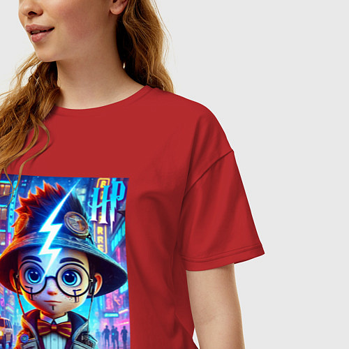 Женская футболка оверсайз Гарри Поттер юниор - неоновое свечение / Красный – фото 3