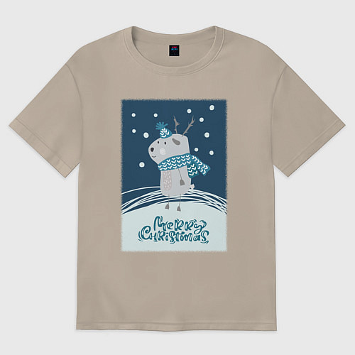 Женская футболка оверсайз Новогодний олень с шарфом / Миндальный – фото 1