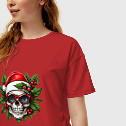 Футболка оверсайз женская Рождественский венок с черепом, цвет: красный — фото 2