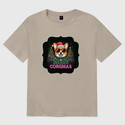 Футболка оверсайз женская Новогодний пес корги, цвет: миндальный