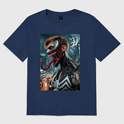 Футболка оверсайз женская Превращение Эдди в Венома - нейроарт фантазия, цвет: тёмно-синий