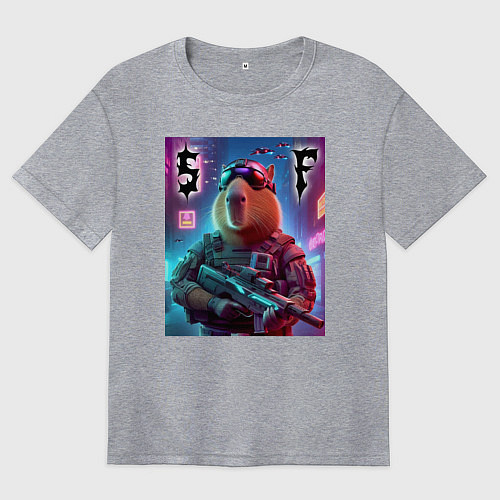 Женская футболка оверсайз Capybara soldier - special forces / Меланж – фото 1