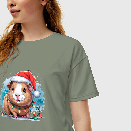 Женская футболка оверсайз Новогодняя морская свинка / Авокадо – фото 3