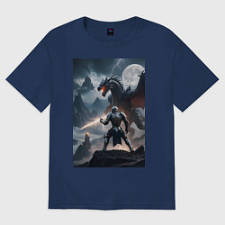 Футболка оверсайз женская Сражение рыцаря с драконом в стиле Demons Souls, цвет: тёмно-синий