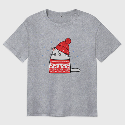 Женская футболка оверсайз Кот в свитере с оленями и красной шапке / Меланж – фото 1