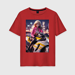 Футболка оверсайз женская Barbie on a Kawasaki sports motorcycle, цвет: красный
