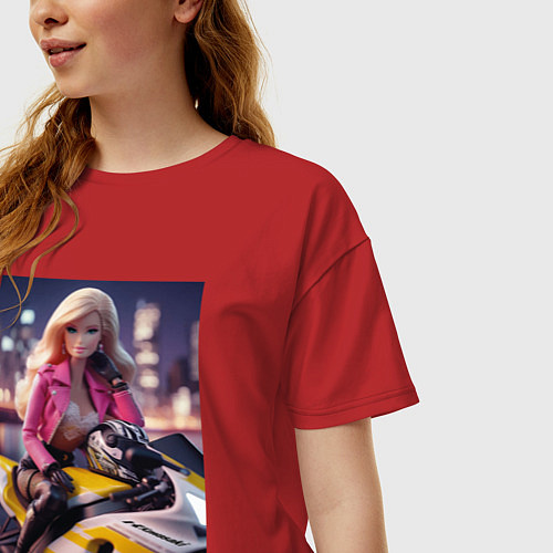 Женская футболка оверсайз Barbie on a Kawasaki sports motorcycle / Красный – фото 3