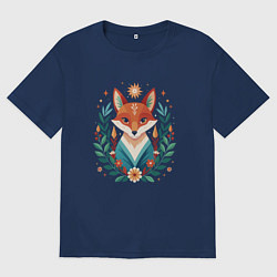 Футболка оверсайз женская Лис с венком из ветвей, цвет: тёмно-синий