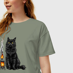 Футболка оверсайз женская Кот с печкой, цвет: авокадо — фото 2