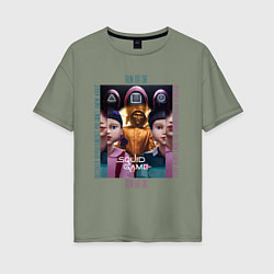 Футболка оверсайз женская Игра в кальмара на фоне кукол роботов, цвет: авокадо