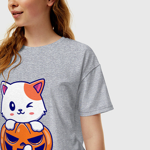 Женская футболка оверсайз Halloween meow / Меланж – фото 3