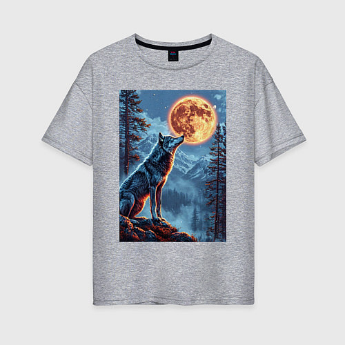 Женская футболка оверсайз Волк и луна / Меланж – фото 1
