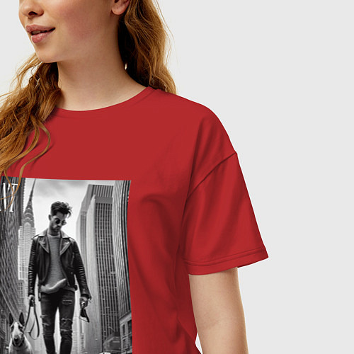 Женская футболка оверсайз Чувак с бультерьером - Нью-Йорк / Красный – фото 3