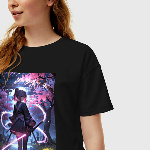 Женская футболка оверсайз Девушка с катаной на фоне цветущей сакуры / Черный – фото 3