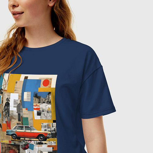 Женская футболка оверсайз Плакат с ретро автомобилем / Тёмно-синий – фото 3