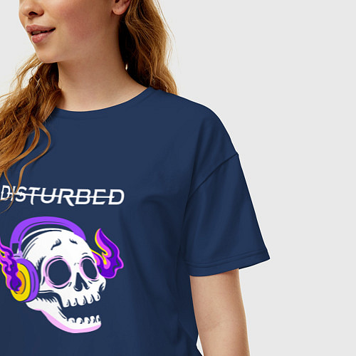 Женская футболка оверсайз Disturbed - неоновый череп / Тёмно-синий – фото 3