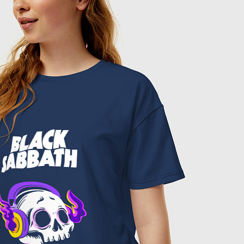 Женская футболка оверсайз Black Sabbath - неоновый череп / Тёмно-синий – фото 3