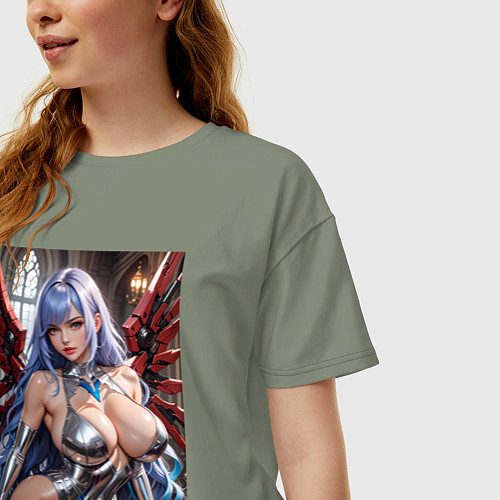 Женская футболка оверсайз Девушка с кибернетическими крыльями / Авокадо – фото 3