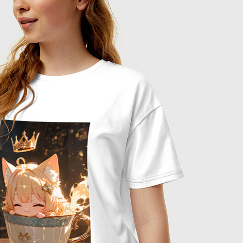 Женская футболка оверсайз Кошечка с короной в чашке / Белый – фото 3