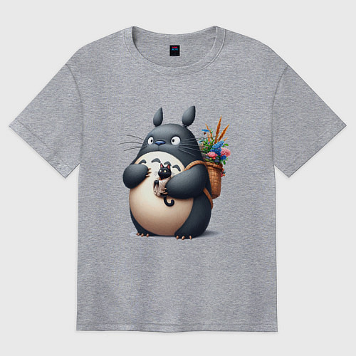 Женская футболка оверсайз Totoro and black cat - anime / Меланж – фото 1