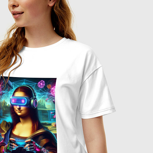 Женская футболка оверсайз Mona Lisa is an avid gamer - cyberpunk / Белый – фото 3