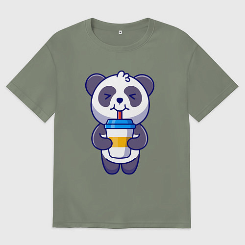 Женская футболка оверсайз Панда наслаждается напитком / Авокадо – фото 1