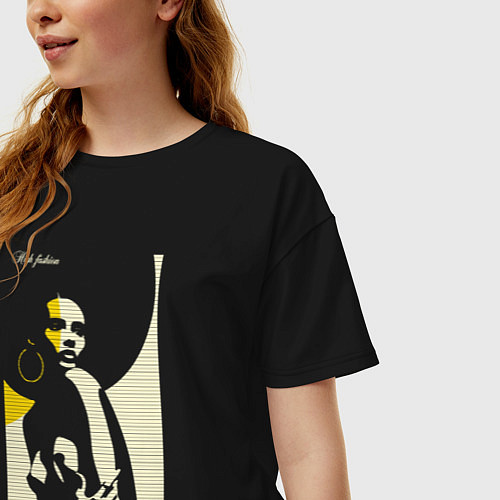 Женская футболка оверсайз Девушка в круглой шляпе / Черный – фото 3