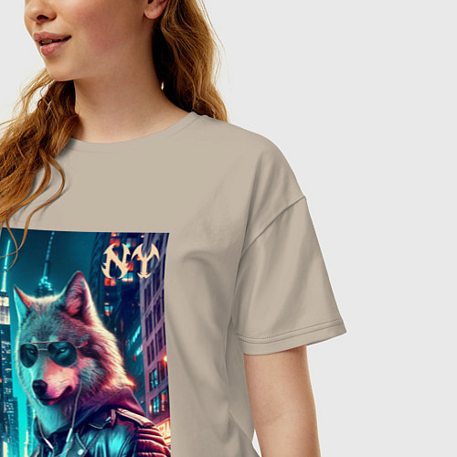 Женская футболка оверсайз Крутой волчара в ночном Нью-Йорке - нейроарт / Миндальный – фото 3