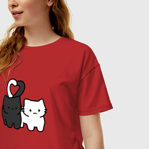 Женская футболка оверсайз Влюбленные котики - черный и белый / Красный – фото 3