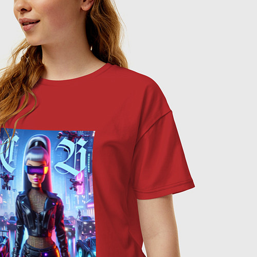 Женская футболка оверсайз Cyber girl Barbie - neon glow / Красный – фото 3