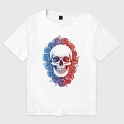 Футболка оверсайз женская Череп и сине-красные розы, цвет: белый
