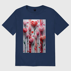 Футболка оверсайз женская Композиция из цветов и сердечек, цвет: тёмно-синий