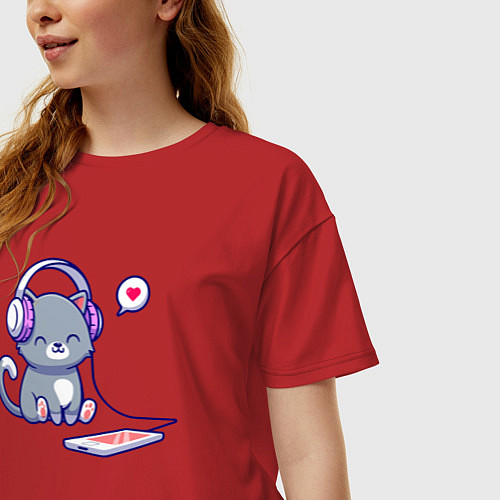 Женская футболка оверсайз Котёнок меломан / Красный – фото 3