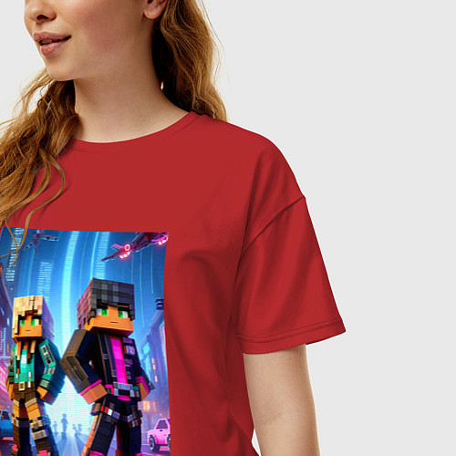 Женская футболка оверсайз Minecraft - characters neon glow / Красный – фото 3