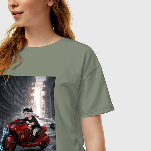 Женская футболка оверсайз Shiroko лиса на футуристичном мотоцикле / Авокадо – фото 3